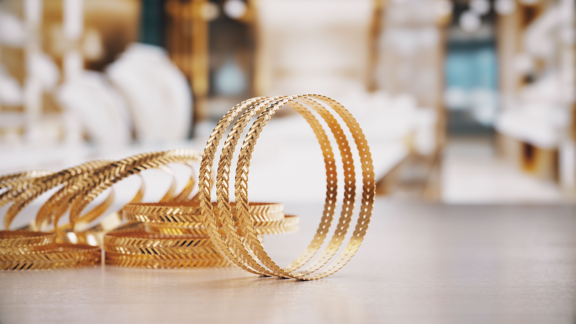 Elegant 22K Gold Bracelet – Turkish Jewelry In Front Of 3D Rendered Jewelry Store Background