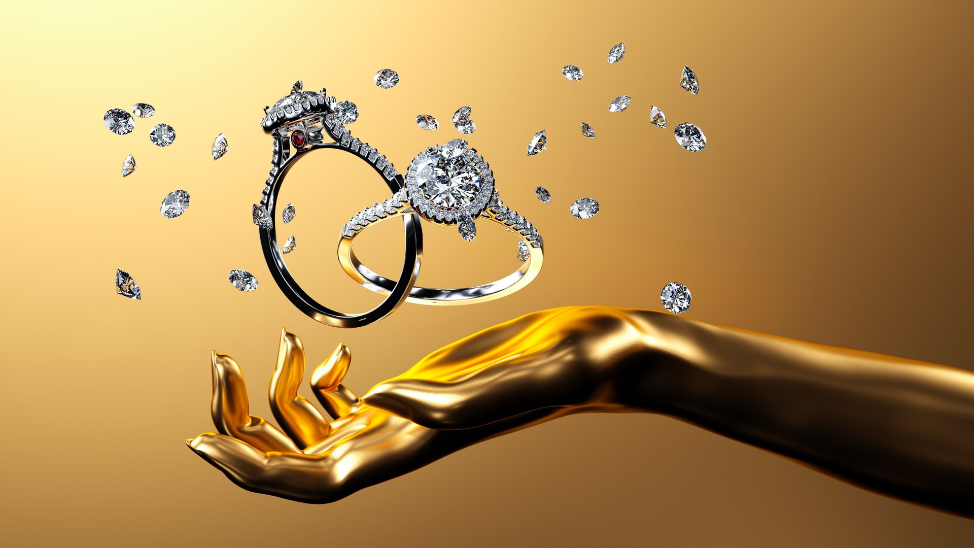 Luxurious diamond rings and golden hand sculpture showcasing floating jewelry against a golden background. Sparkling diamonds, high-end design, dramatic lighting.3D render.